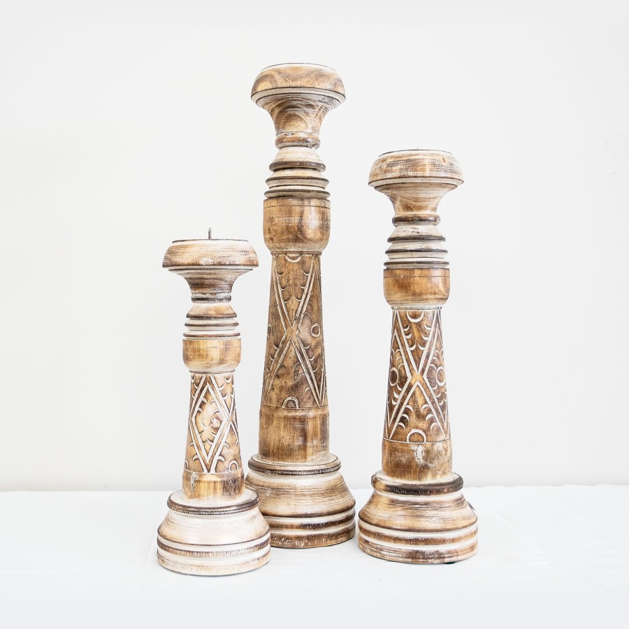 Hand Carved Timber Candlestick Set