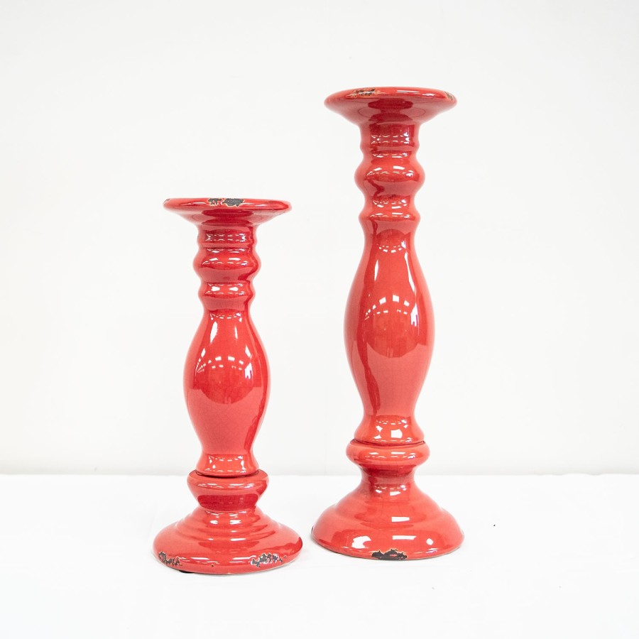Red Ceramic Candlestick Set